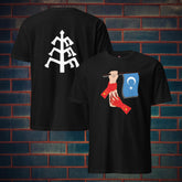 Close-up of cotton texture and print clarity

Flat lay of Uyghur shirt styled with accessories