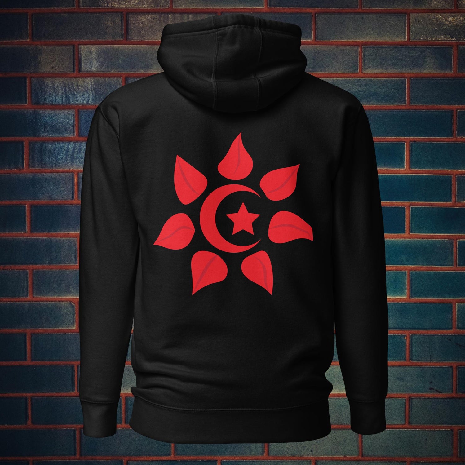 Model wearing Islamic hoodie with Fez motif and modest fit