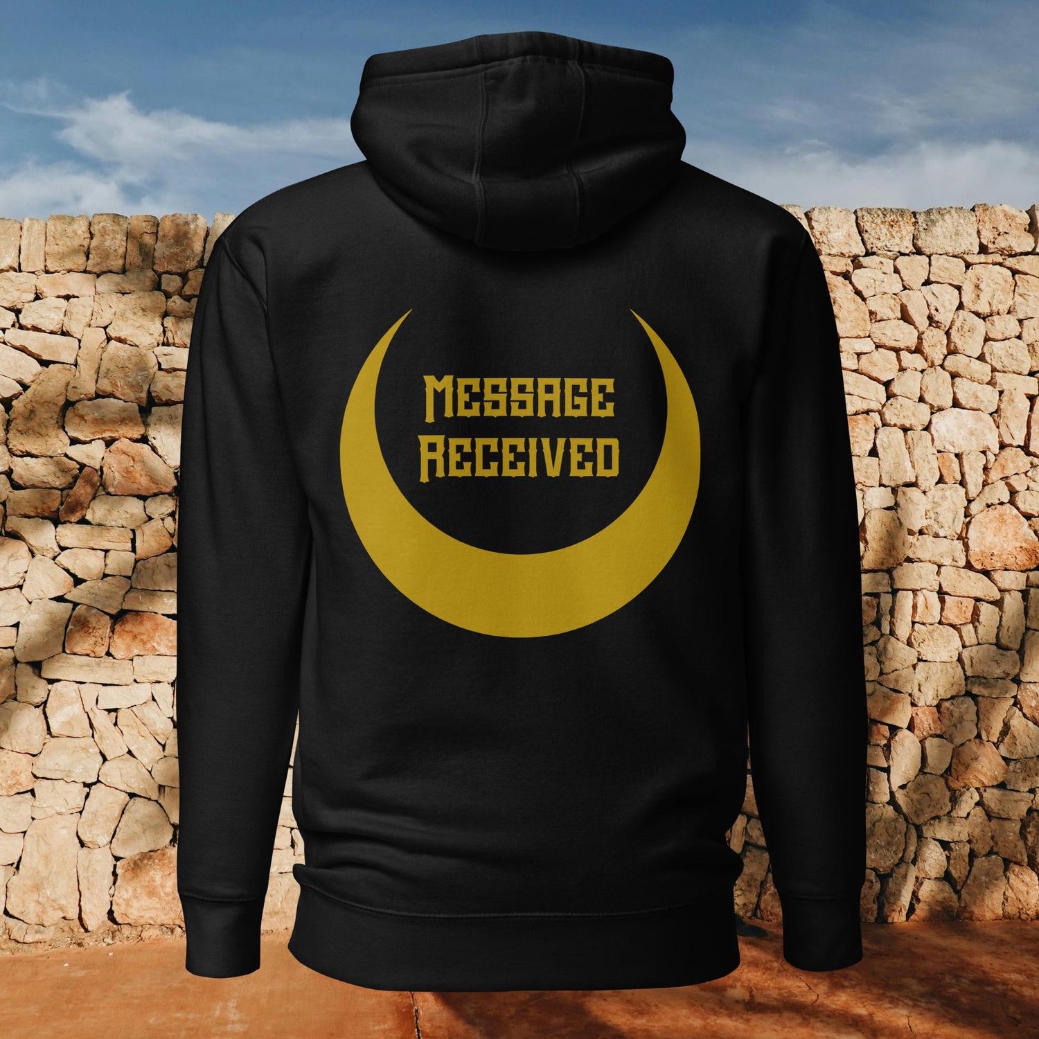 Back view showing minimalist layout with calligraphy accent