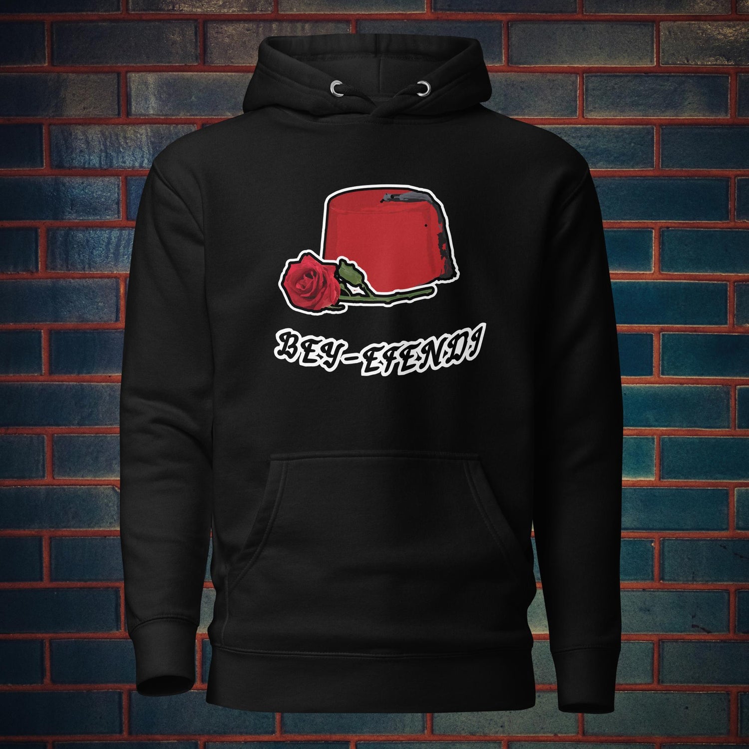 Front view of Fez N’ Rose hoodie with Ottoman calligraphy design