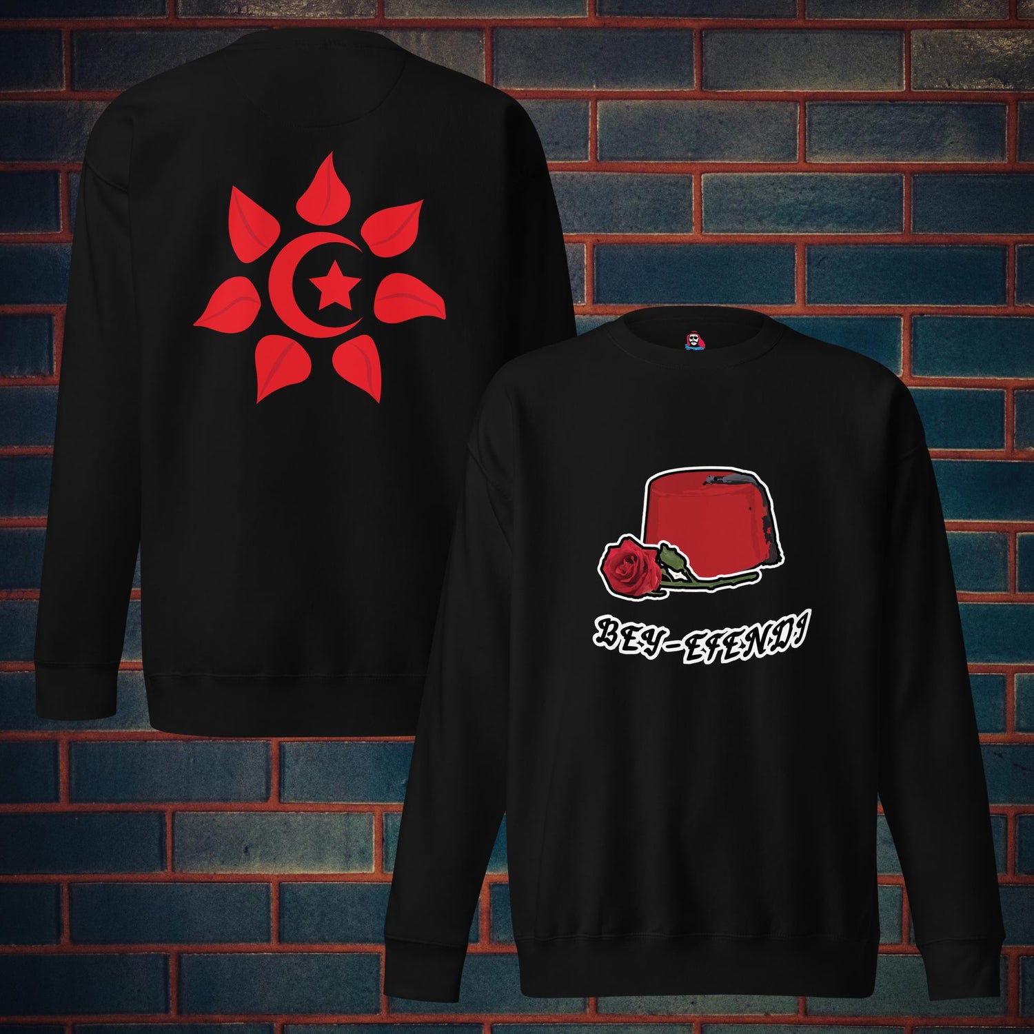 Front view of Ottoman style sweatshirt with Arabic embroidery

Model wearing sweatshirt styled with cargos and sneakers

Close-up of Fez and calligraphy design on chest

Back view of Fez N&